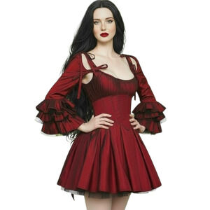 Widow Red Corset Mini Dress Removable Sleeves Lace Up Gothic NWT M